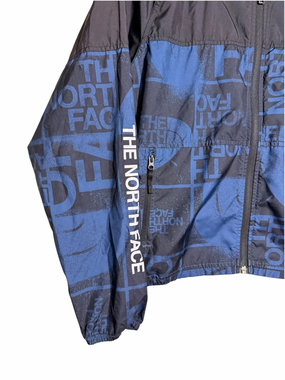 The North Face Black and Blue Logo Print Hooded Windbreaker Jacket